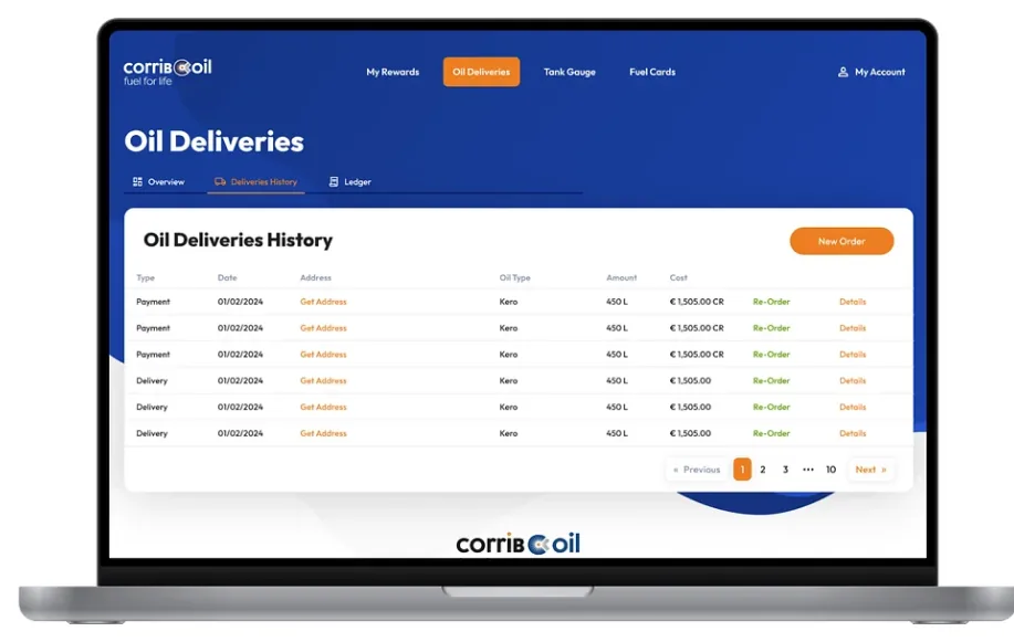 Corrib Oil app account, rewards and order history screens