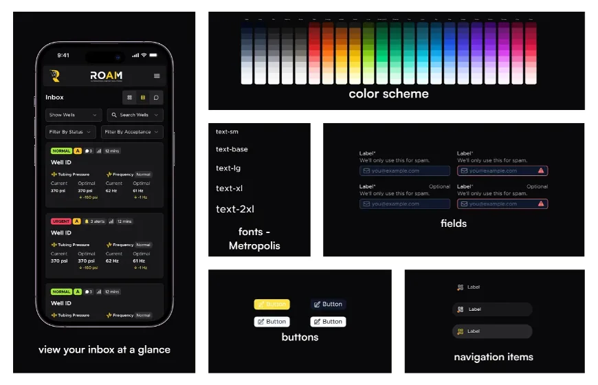 Roam AI design system: dark UI colour ramp, Metropolis type, fields, buttons and mobile inbox